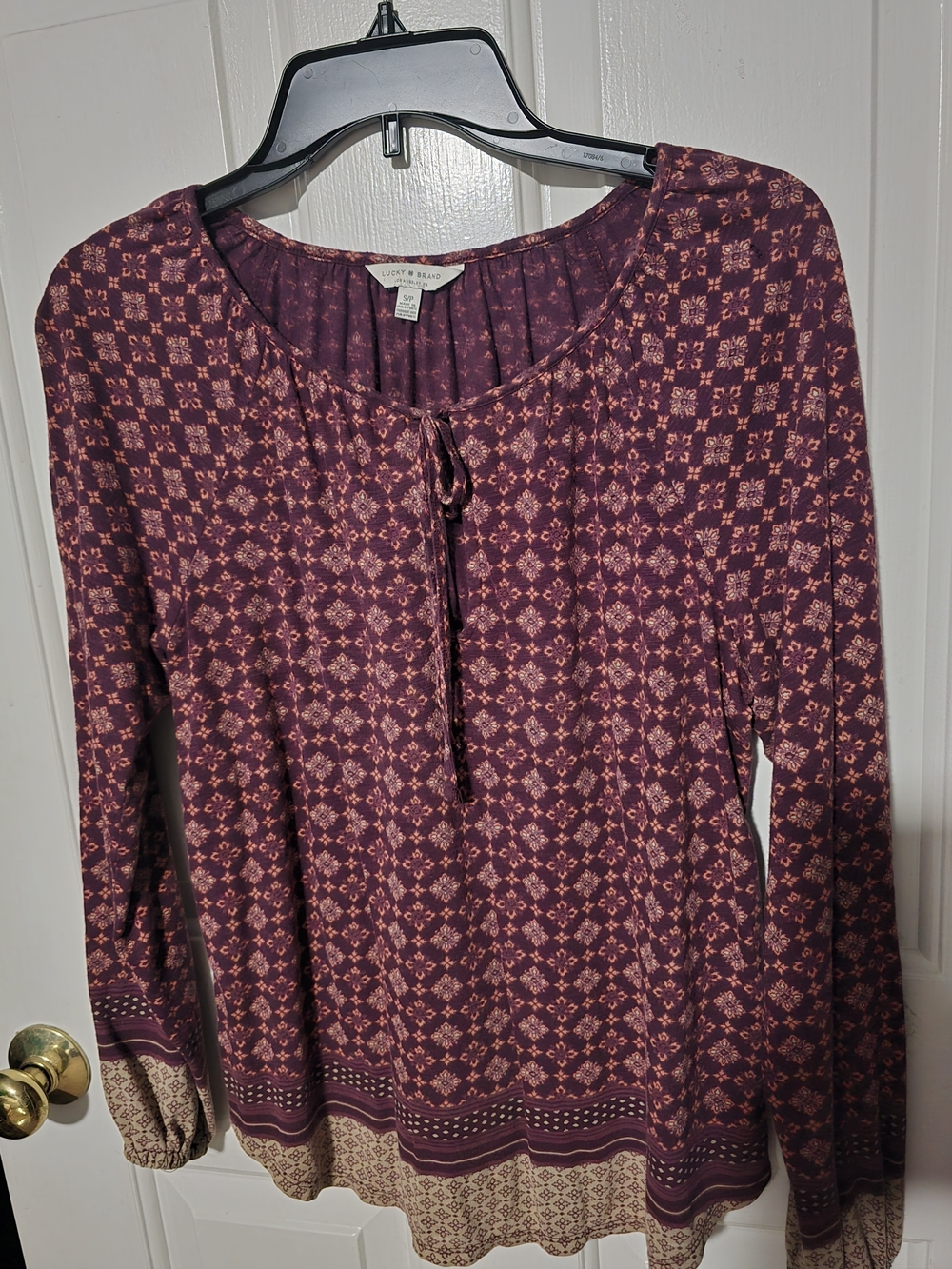 Lucky Brand Plum and Blush Printed Long-Sleeve Peasant Top